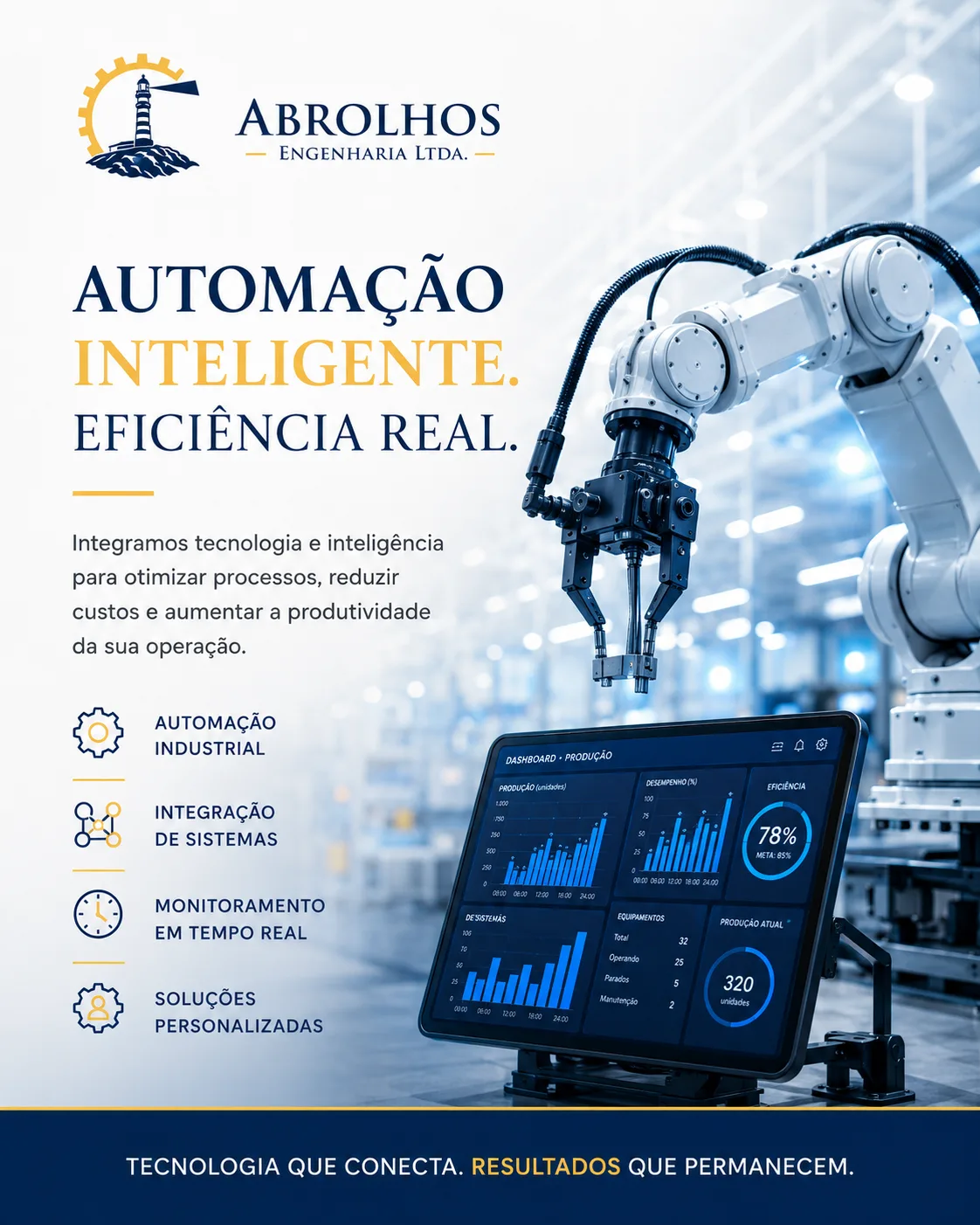 Post da Abrolhos Engenharia sobre automação industrial, com braço robótico, dashboard de produção e a chamada “Automação inteligente. Eficiência real.”