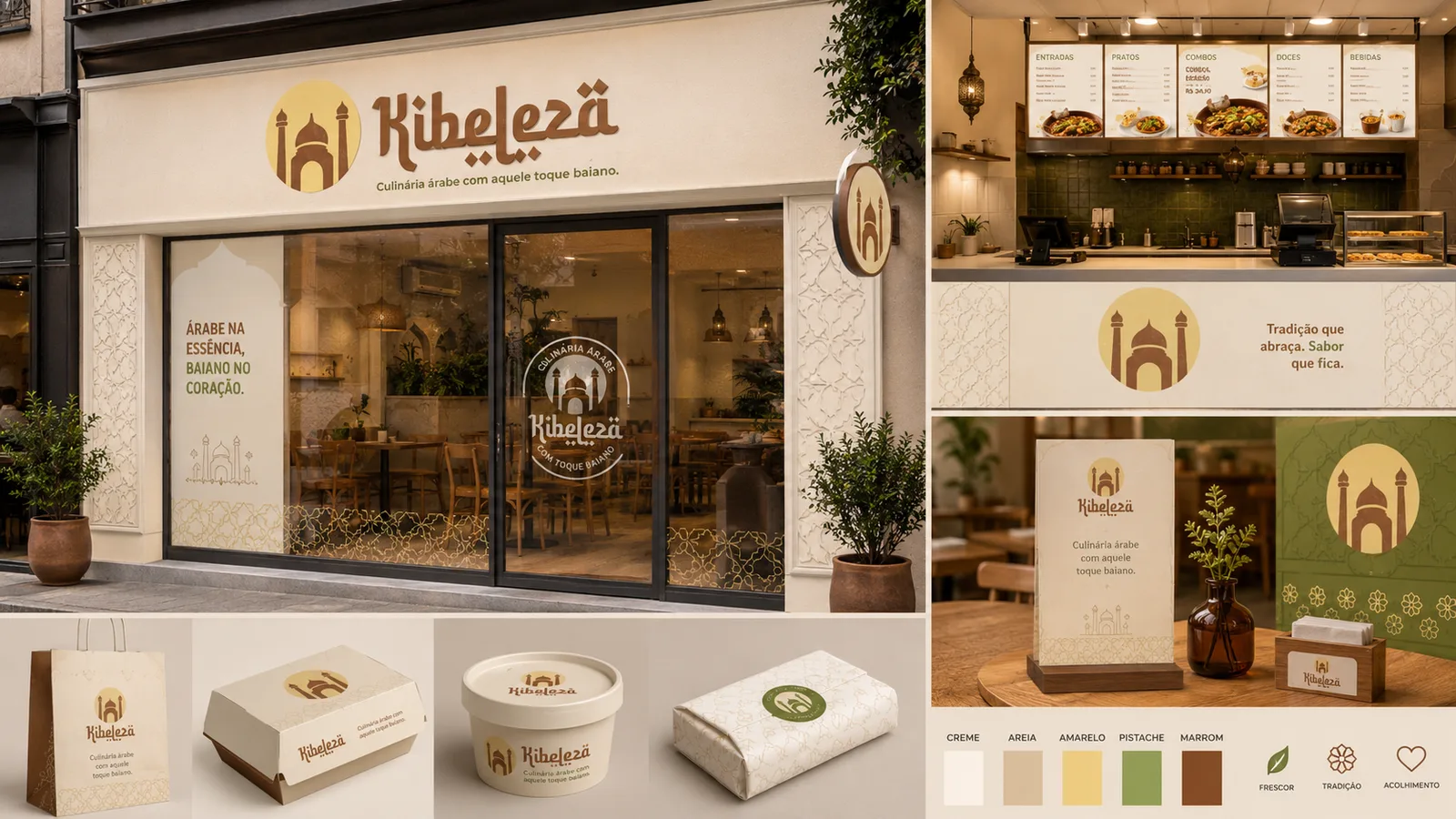 Aplicação da identidade visual Kibeleza na fachada e no ambiente do restaurante: letreiro com o símbolo, vitrine com a frase “Árabe na essência, baiano no coração”, balcão de atendimento, cardápio e materiais de mesa