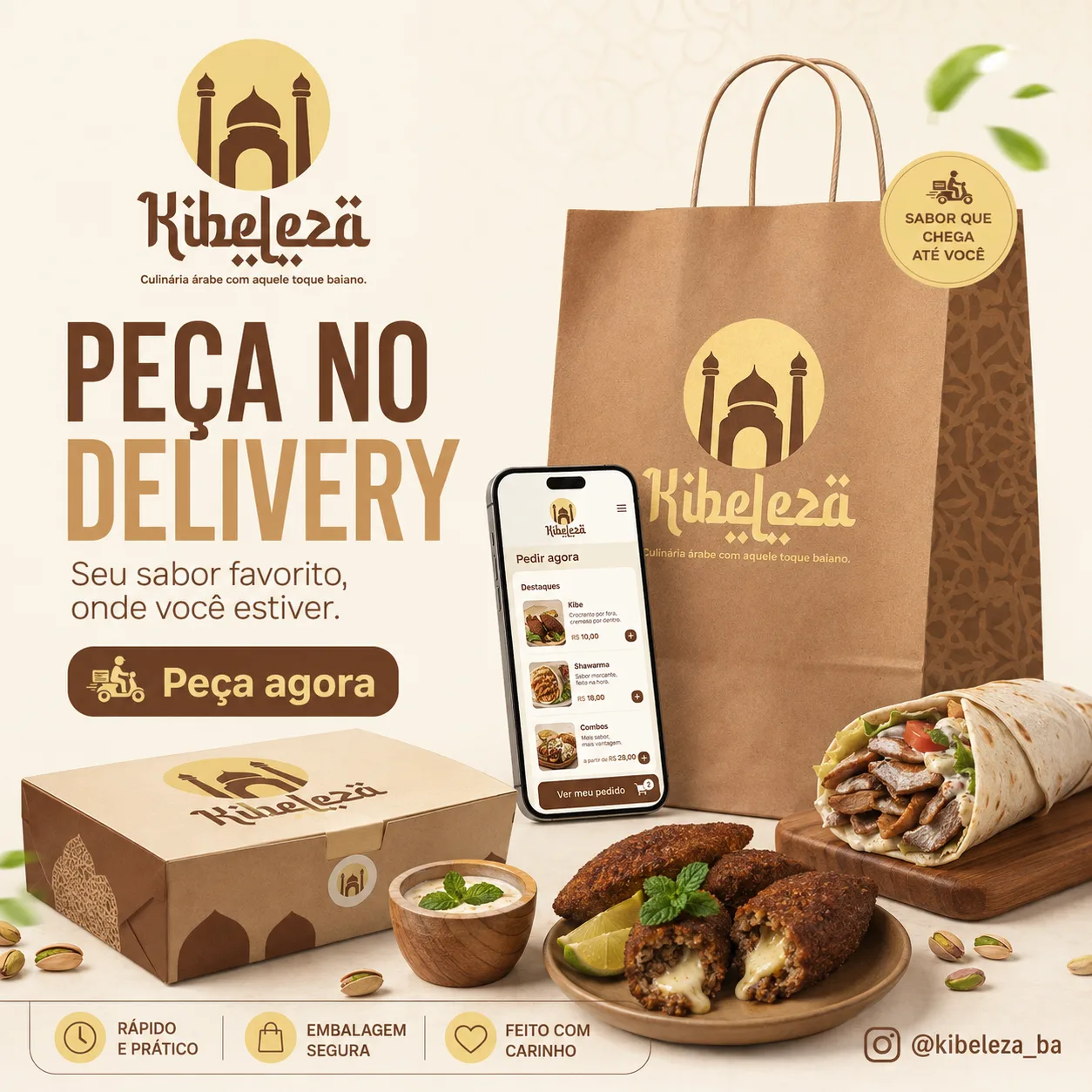 Post digital Kibeleza promovendo o serviço de delivery, com a chamada “Peça no delivery — seu sabor favorito, onde você estiver.”, botão “Peça agora”, celular exibindo o cardápio do aplicativo, sacola kraft com selo “sabor que chega até você”, caixa, kibes e shawarma