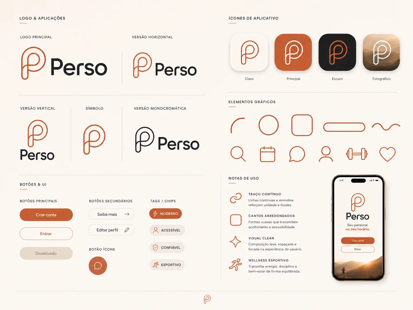 Sistema de logotipo, ícones, botões e aplicações da identidade visual Perso: logo principal, versões horizontal, vertical, símbolo e monocromática, quatro ícones de aplicativo, elementos gráficos e ícones de linha, botões primários e secundários, tags e notas de uso