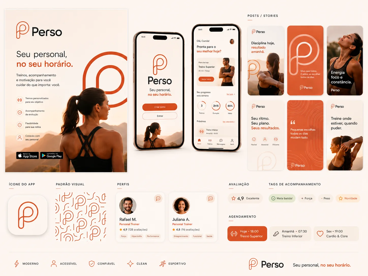 Ecossistema visual da Perso com telas, posts, stories, perfis, tags e componentes digitais: peça de campanha com selos das lojas de aplicativos, dois mockups de celular, seis posts e stories, ícone do app, padrão gráfico feito com o símbolo, cards de perfil com avaliação e blocos de agendamento